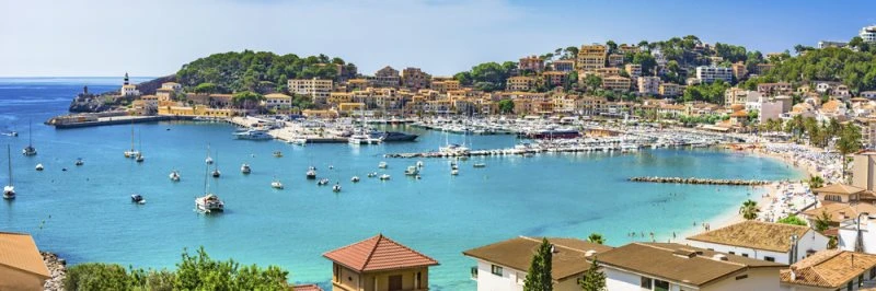Strand & Meer Port de Soller, Mallorca im schwarzen Bilderrahmen, 150x50cm