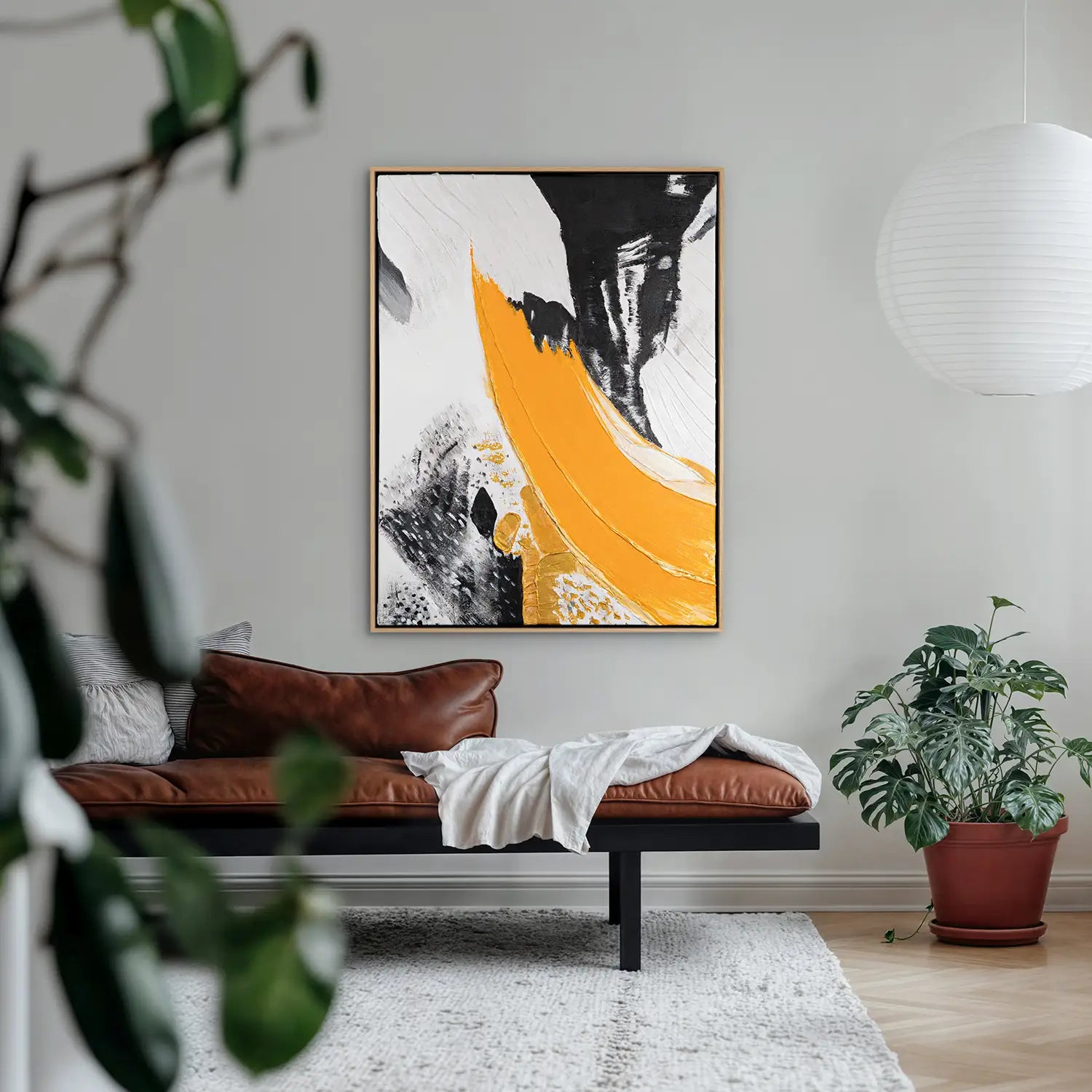 Leinwandbild 90x120 cm im Rahmen Eiche hell, handgemalt mit Acrylfarbe und Strukturpaste, dynamisches Spiel von Licht und Schatten in Abstrakt und modern – „Resonanz des Geistes“