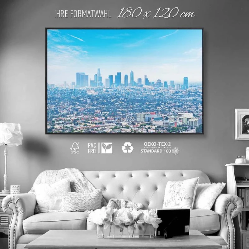 Skyline Los Angeles Panorama im schwarzen Bilderrahmen, 180x120cm