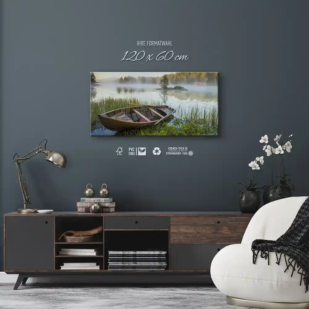 Leinwandbild 120x60cm Flüsse & Seen, Boot Nebel See Schweden