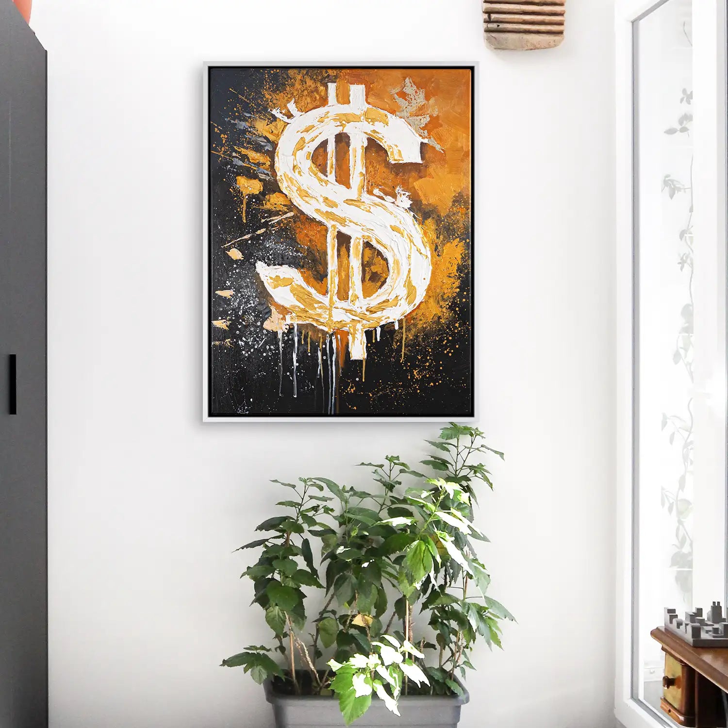 Gemälde 150x200 cm im Schattenfugenrahmen Weiß in Schwarz und Orange – ein abstraktes Spiel von Motivation und Erfolg – „Dollar“