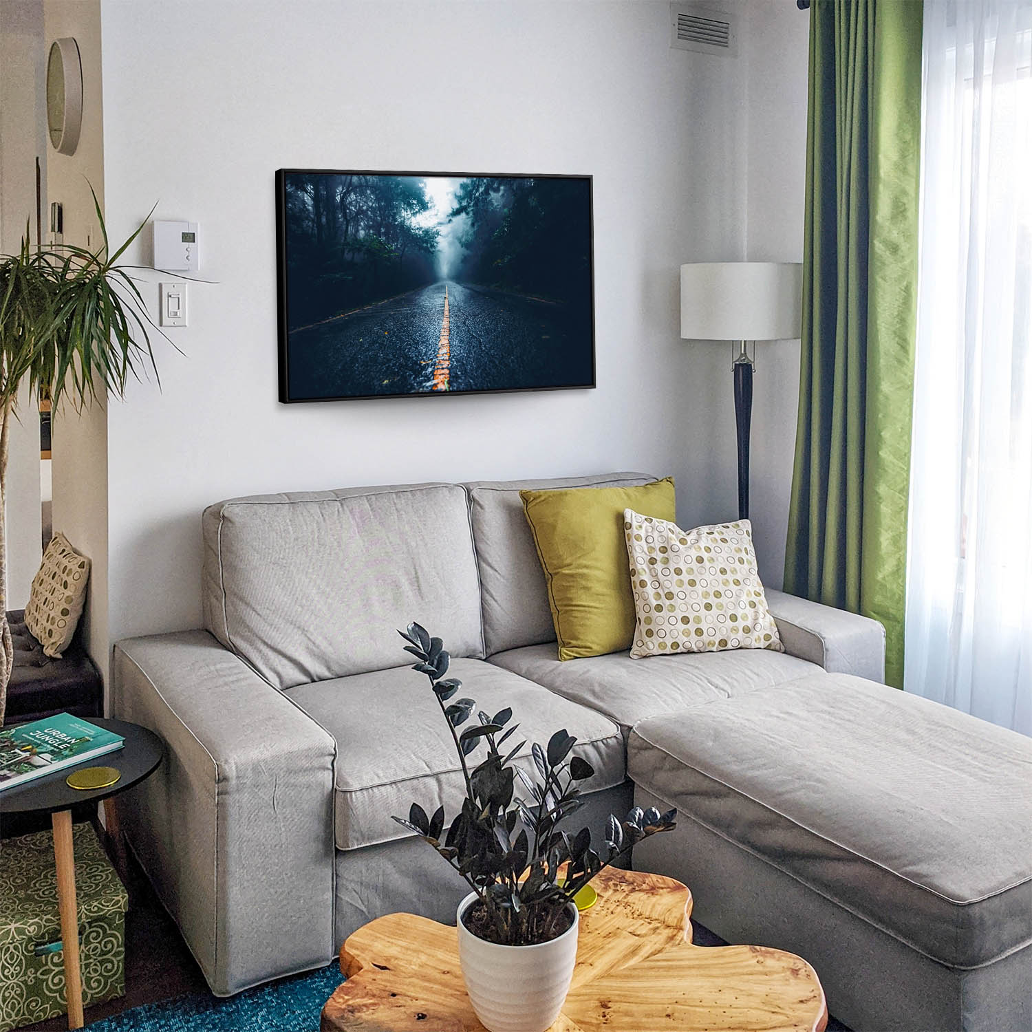 Wald & Bäume Straßenperspektive im schwarzen Bilderrahmen, 180x90cm