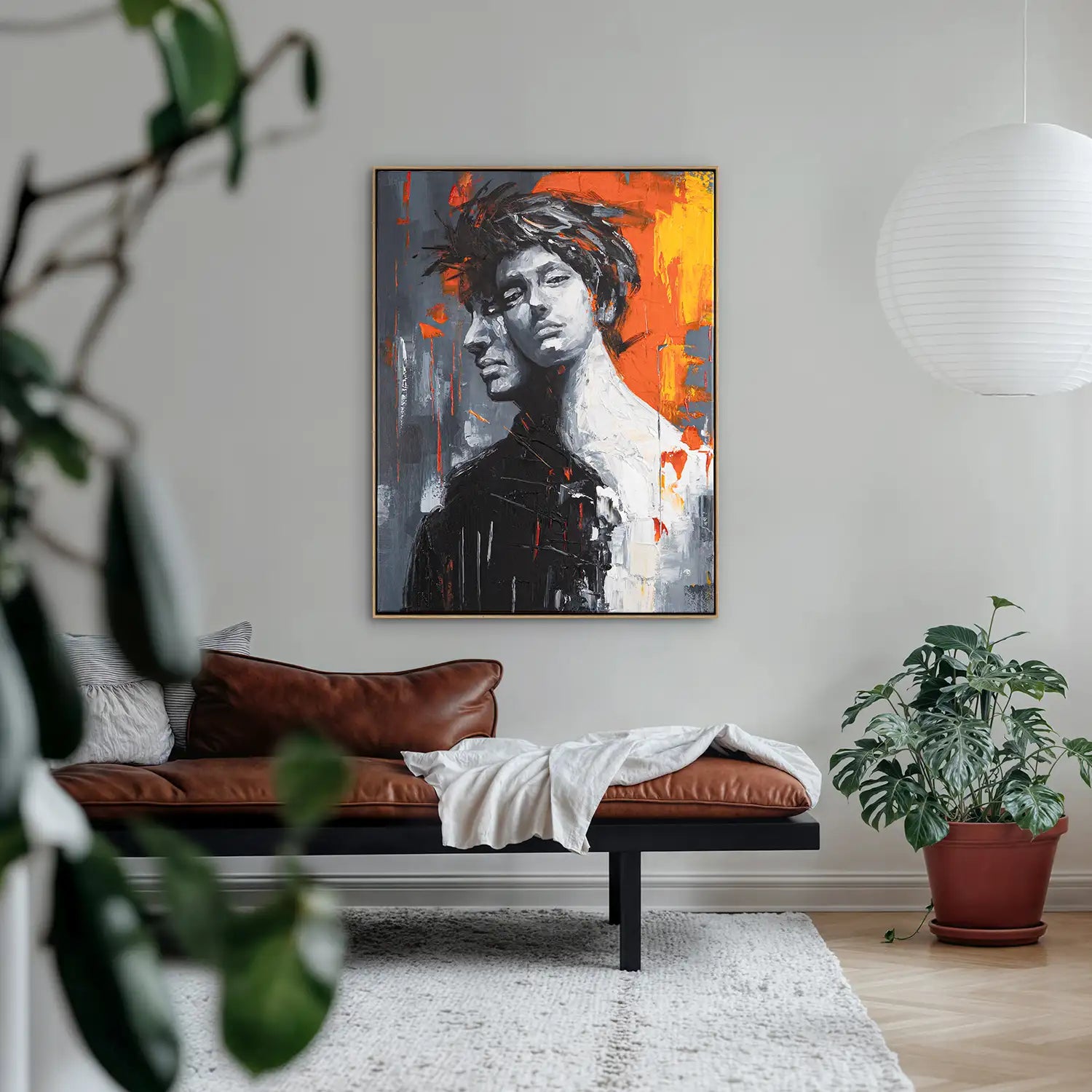 Leinwandbild echt handgemalt 60x80 cm im Rahmen Eiche hell in Schwarz, Weiß und Rot – Portrait eines Mannes in abstrakter Zerrissenheit – „Romulus and Remus“