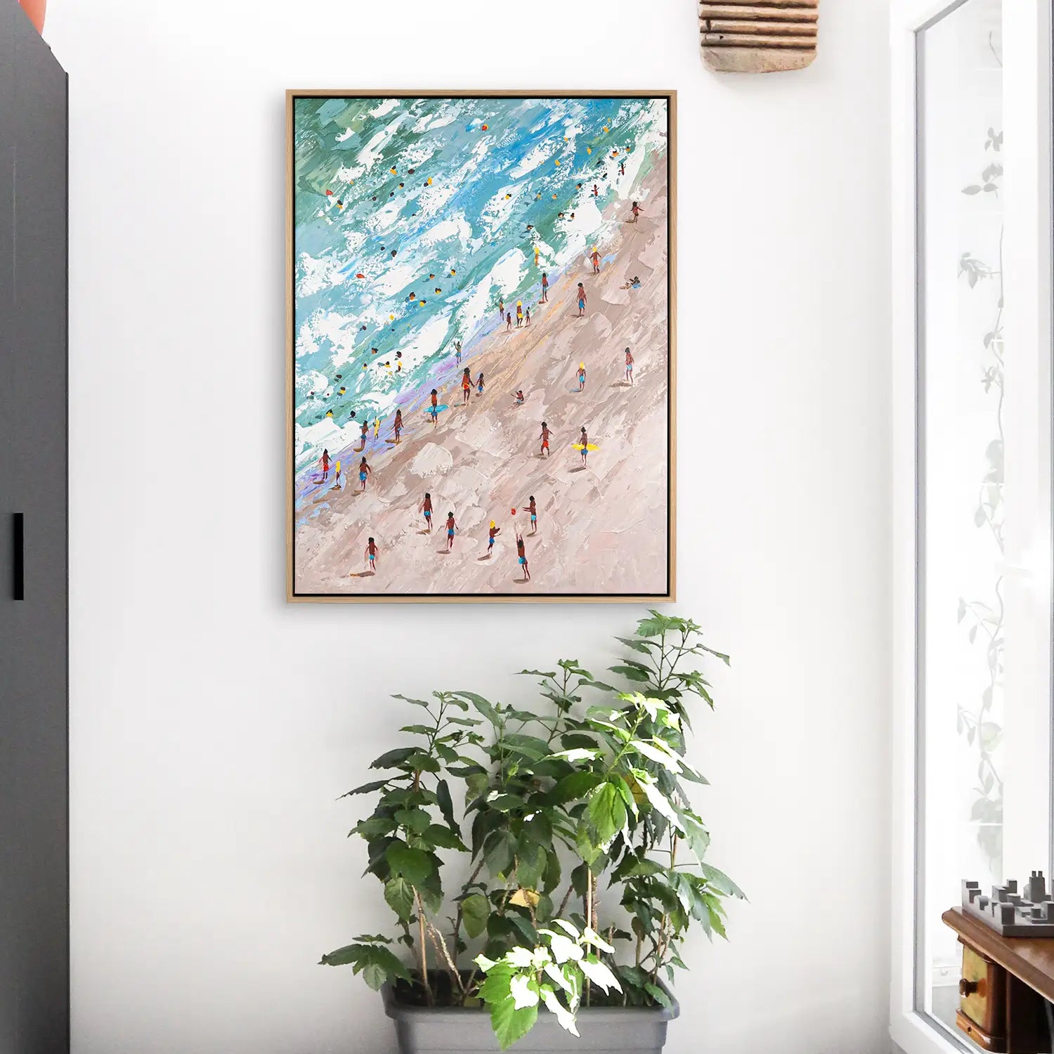 Leinwandbild 90x120 cm im Rahmen Eiche hell, handgemalt mit Acrylfarbe und Strukturpaste, in sanften Erdtönen und Meeres-Blau – „Rätsel der Existenz“ – Raetsel der Existenz