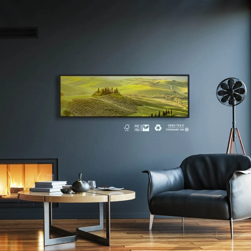 Landschaft Toskana, Italien im schwarzen Bilderrahmen, 150x50cm