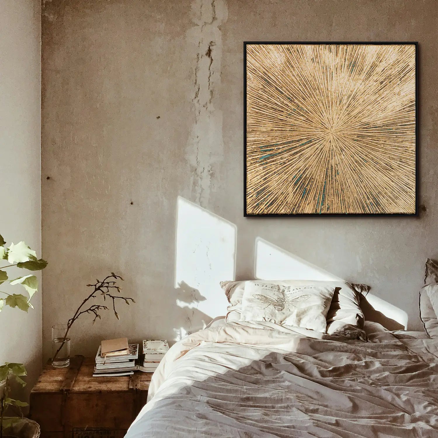 Gemälde 80x80 cm im Schattenfugenrahmen Schwarz, ein Spiel aus Licht und Schatten in Gold – „Schatten des Seins“