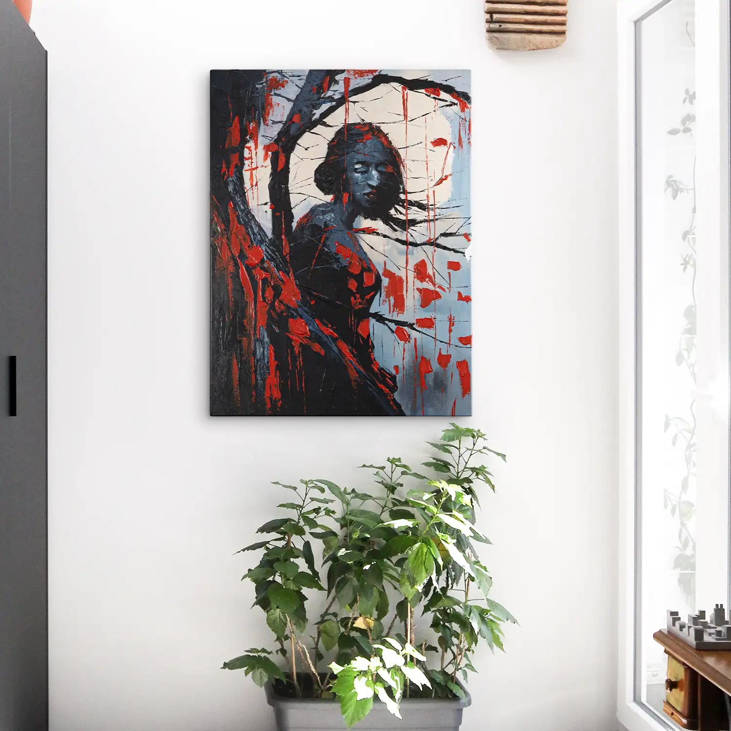 Leinwandbild 90x120 cm ohne Rahmen in Rot und Schwarz, abstrakte Verschmelzung von Baum, Frau und Mond – „Schwarze Phytomorphe“