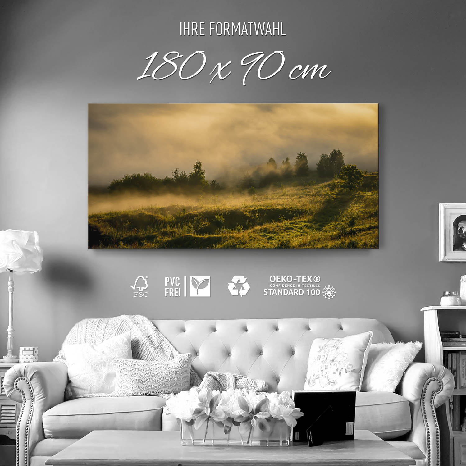 Wald Wiese Nebel am Morgen als Keilrahmenbild 180x90cm