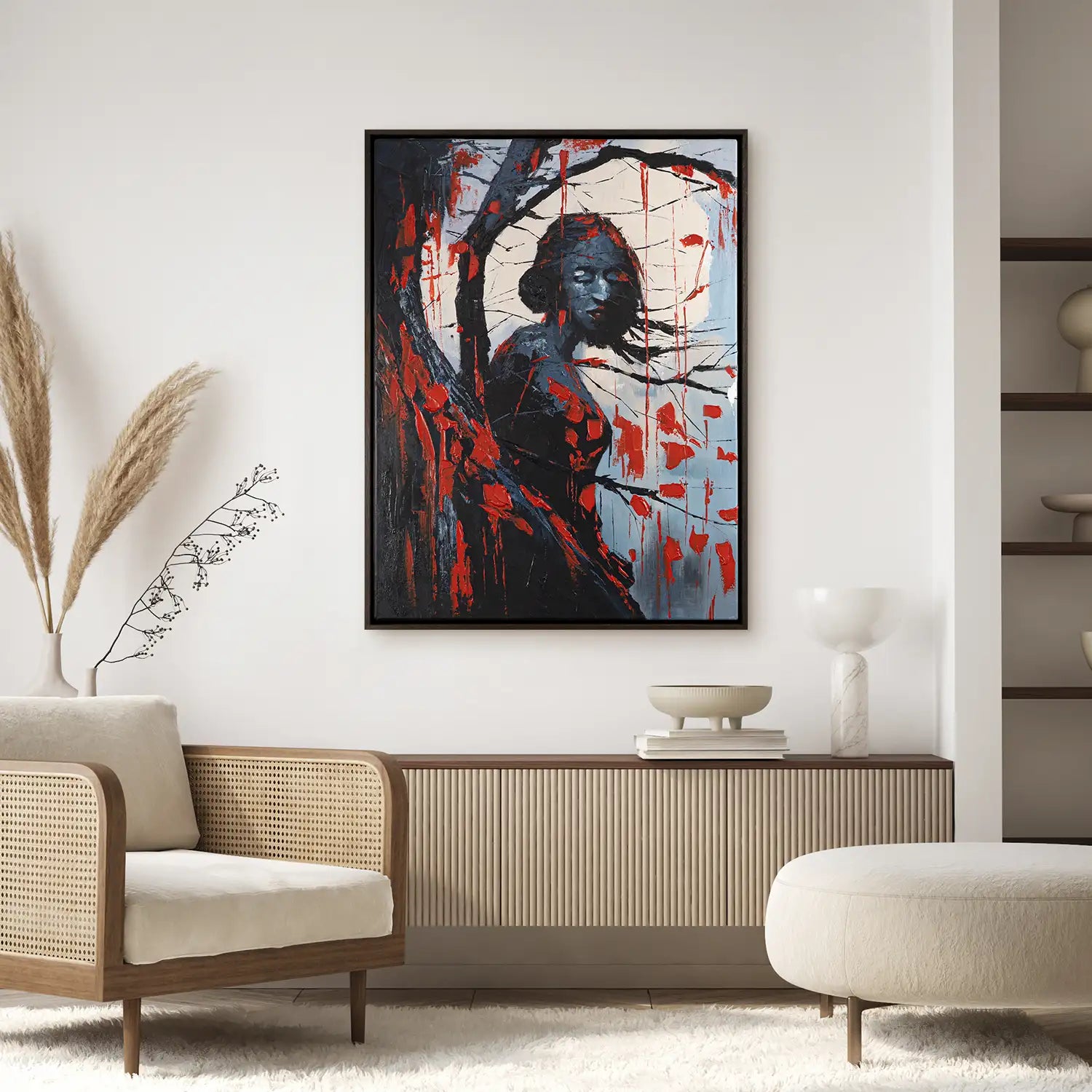 Gemälde 60x80 cm im Rahmen Eiche dunkel in Rot und Schwarz – ein abstraktes Spiel von Baum, Frau und Mond in der Gothic-Nacht – „Schwarze Phytomorphe“