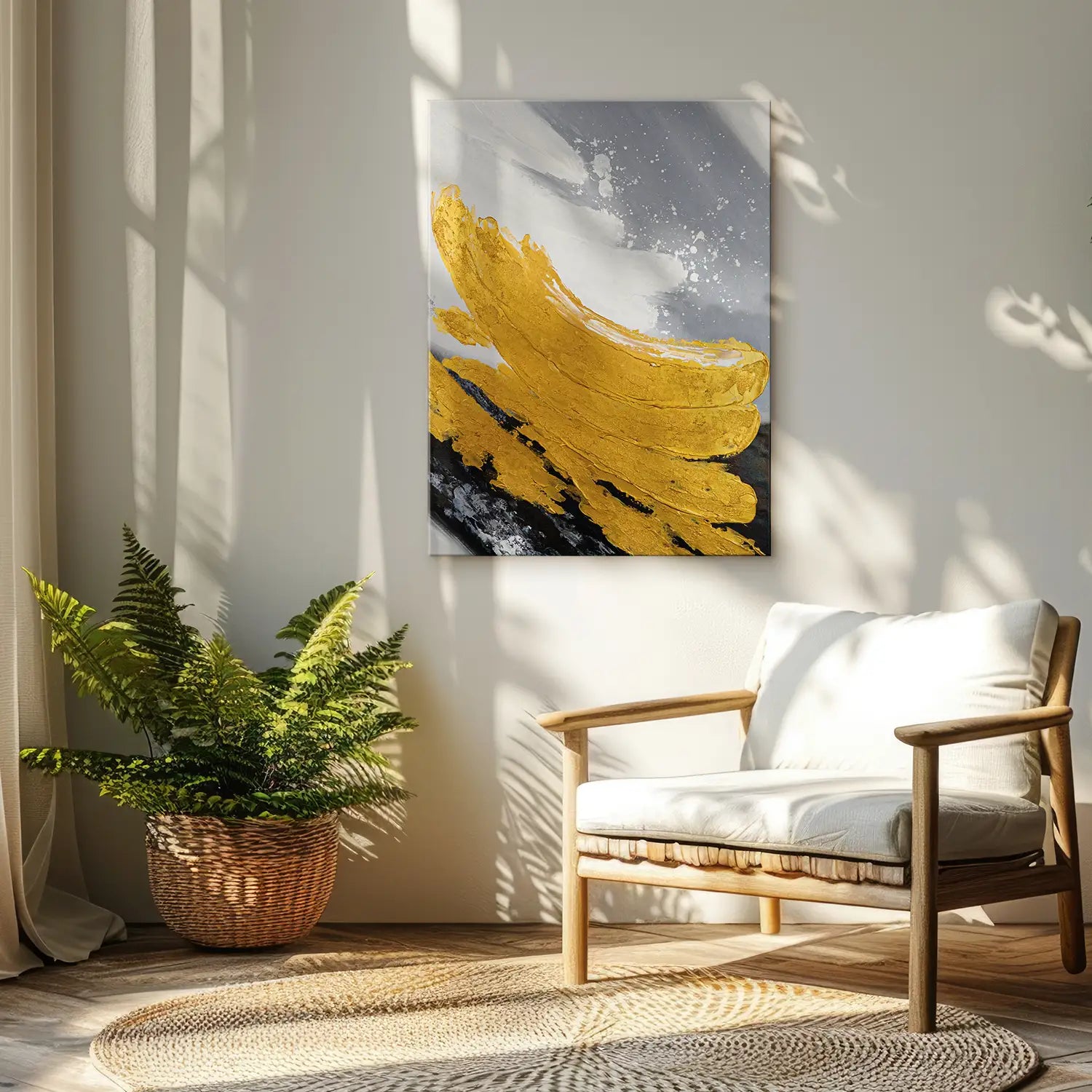 Gemälde 60x80 cm ohne Rahmen, handgemalt mit Strukturpaste in Gold, Weiß, Schwarz und Grau – eine abstrakte Reflexion zwischen Licht und Schatten – „Goldene Reflexionen“
