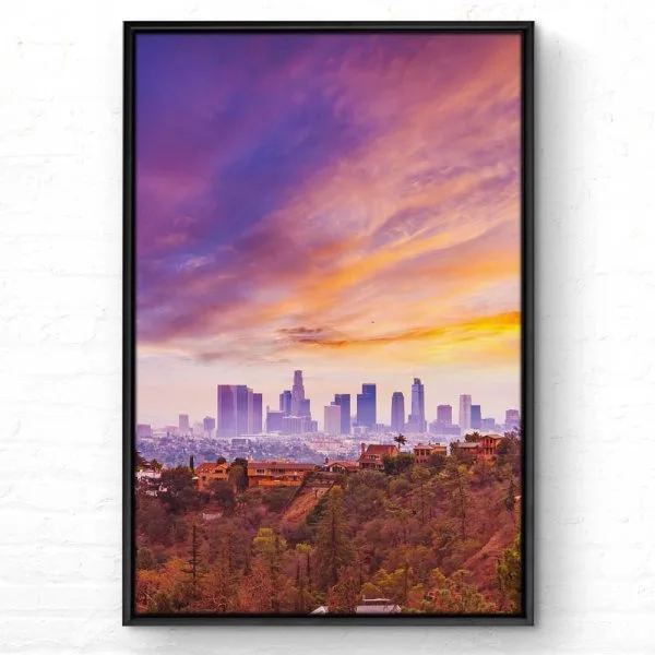 Skyline Los Angeles hills im Hochformat 60x90cm mit schwarzen Bilderrahmen