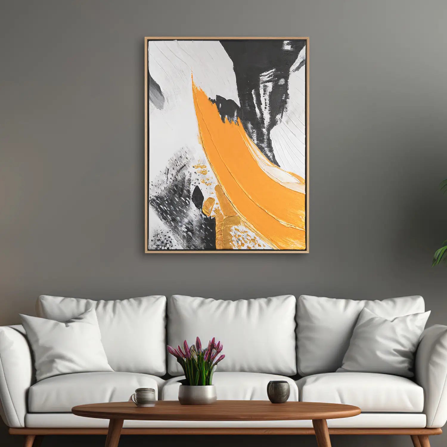 Leinwandbild 90x120 cm im Rahmen Eiche hell, handgemalt mit Acrylfarbe und Strukturpaste, dynamisches Spiel von Licht und Schatten in Abstrakt und modern – „Resonanz des Geistes“
