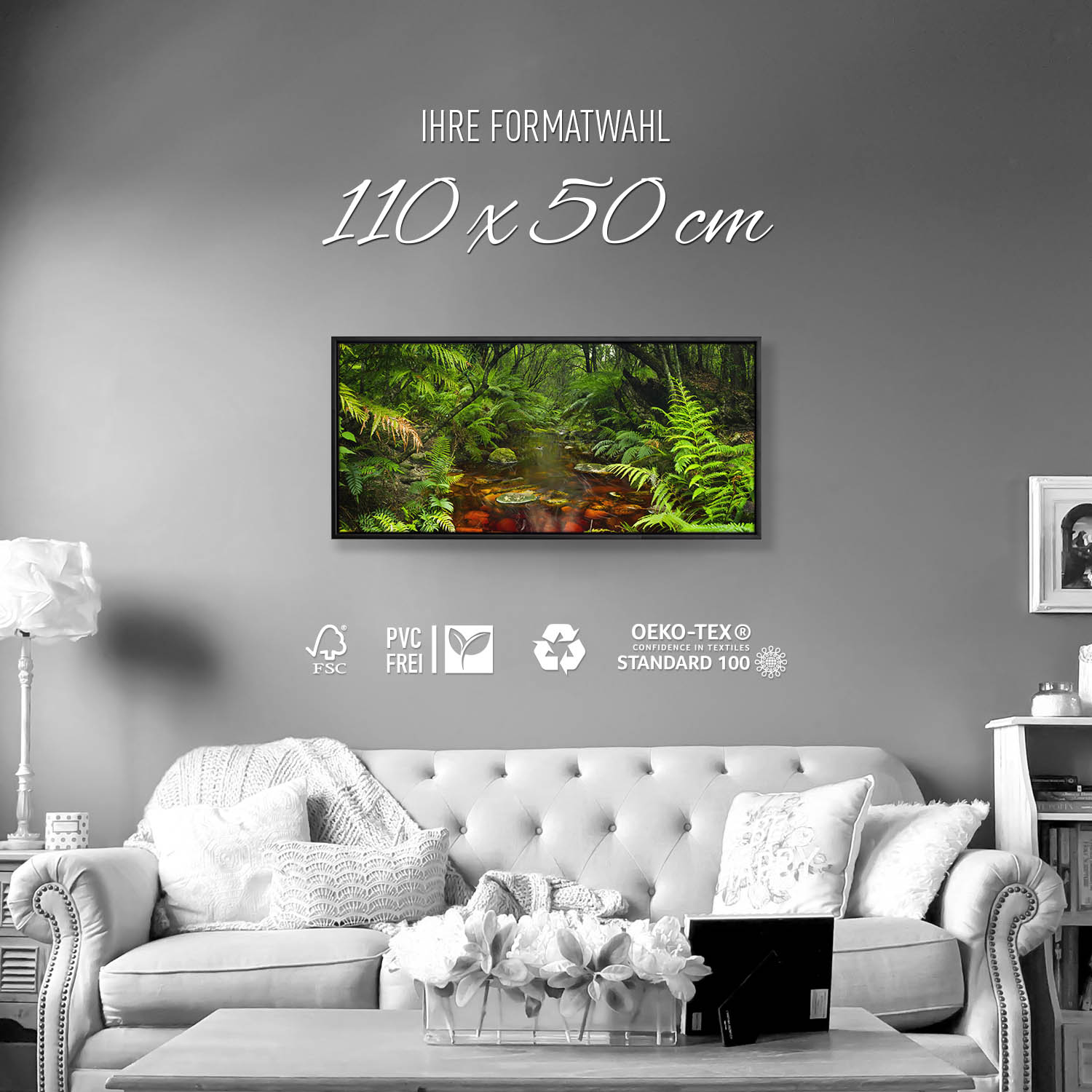 Wald & Bäume Wasserlauf im schwarzen Bilderrahmen, 110x50cm
