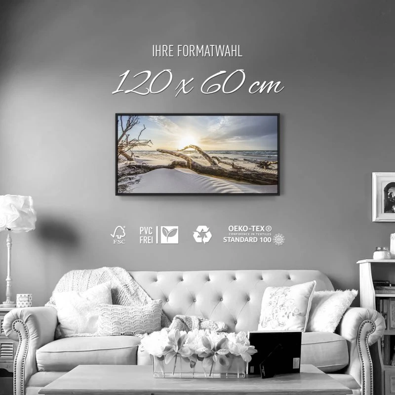 Strand & Meer Sonnenuntergang Ostsee im schwarzen Bilderrahmen, 120x60cm