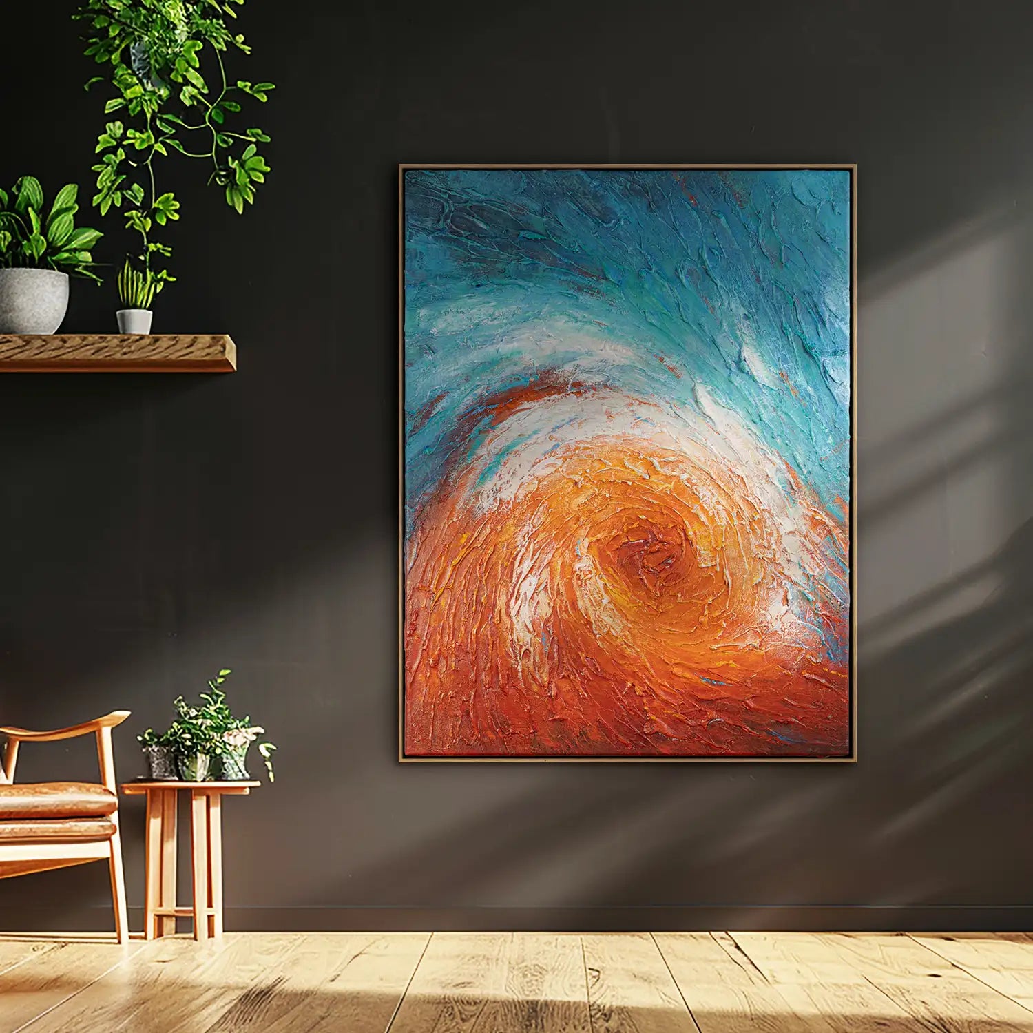Gemälde handgemalt 90x120 cm im Rahmen Eiche hell, lebendiger Strudel in Rot und Blau – „Im Wirbel der Zeit“