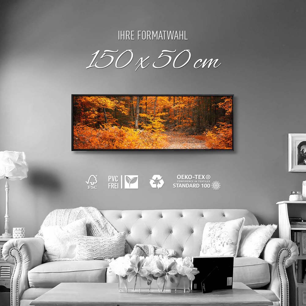 Wald & Bäume Herbst Wanderung II im schwarzen Bilderrahmen, 150x50cm