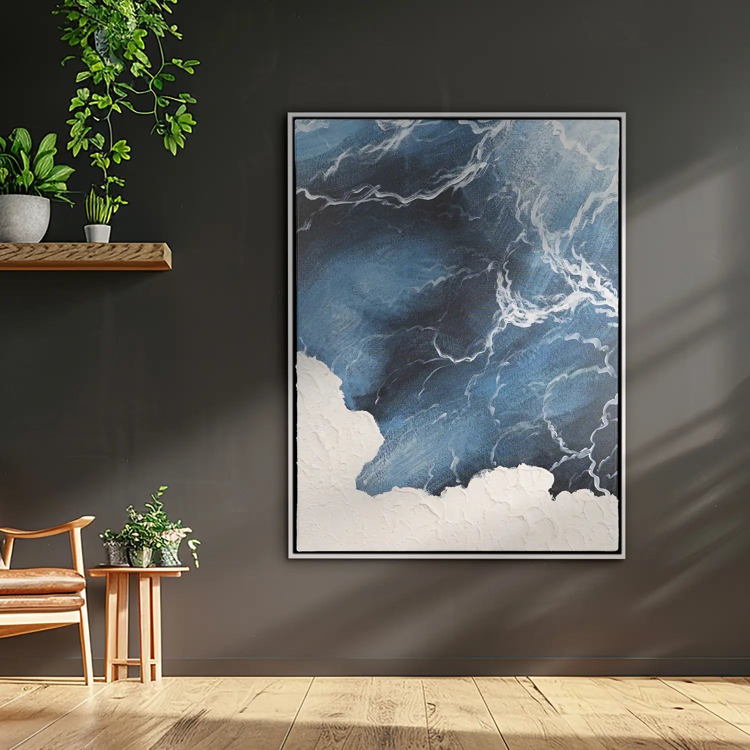Wandbild 90x120 cm im Schattenfugenrahmen Weiß, handgemalt mit Acrylfarbe, moderne Abstraktion mediterraner Wellen und Meer – „Polarität des Lebens“