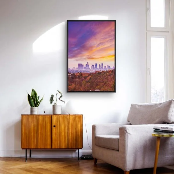 Skyline Los Angeles hills im schwarzen Bilderrahmen, 110x50cm