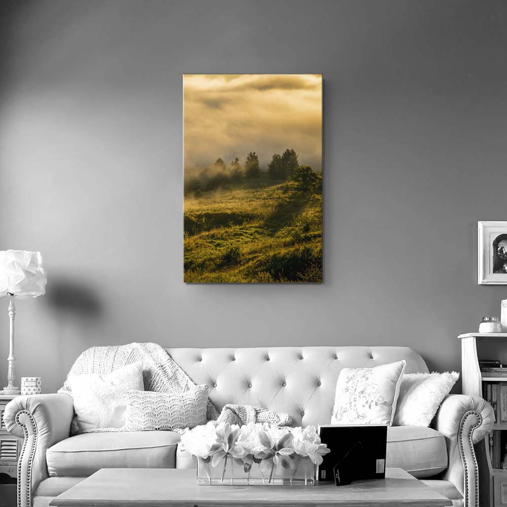 Keilrahmen Bild XXL Hochformat Wald Wiese Nebel am Morgen 80x120cm groß