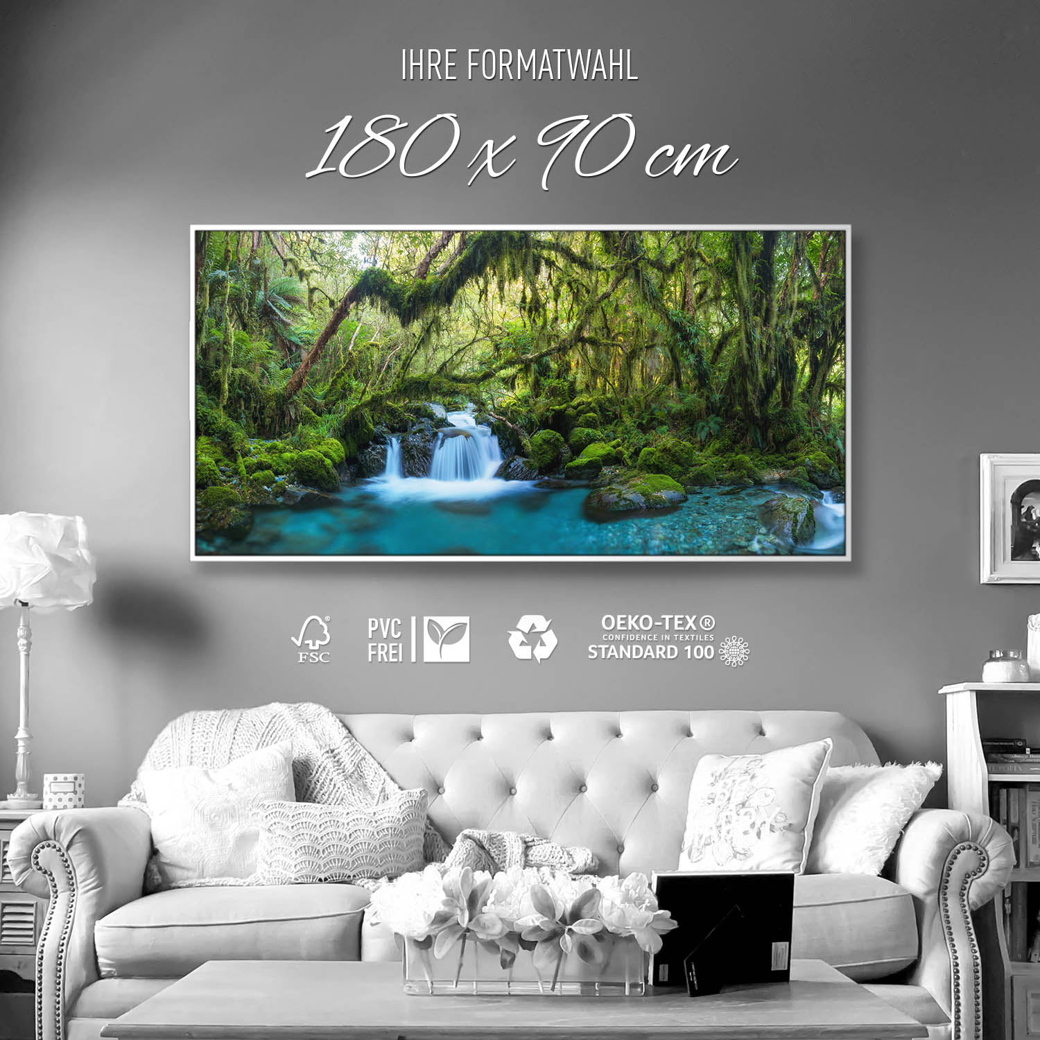 Dschungel idylischer Bachlauf im weißen Bilderrahmen, 180x90cm
