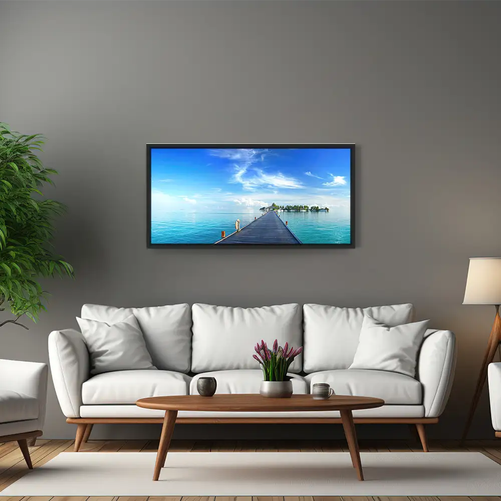 Strand & Meer Steg zur Insel im schwarzen Bilderrahmen, 120x60cm