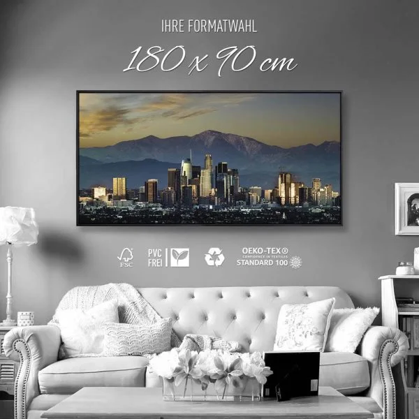 Skyline Los Angeles by night im schwarzen Bilderrahmen, 180x90cm