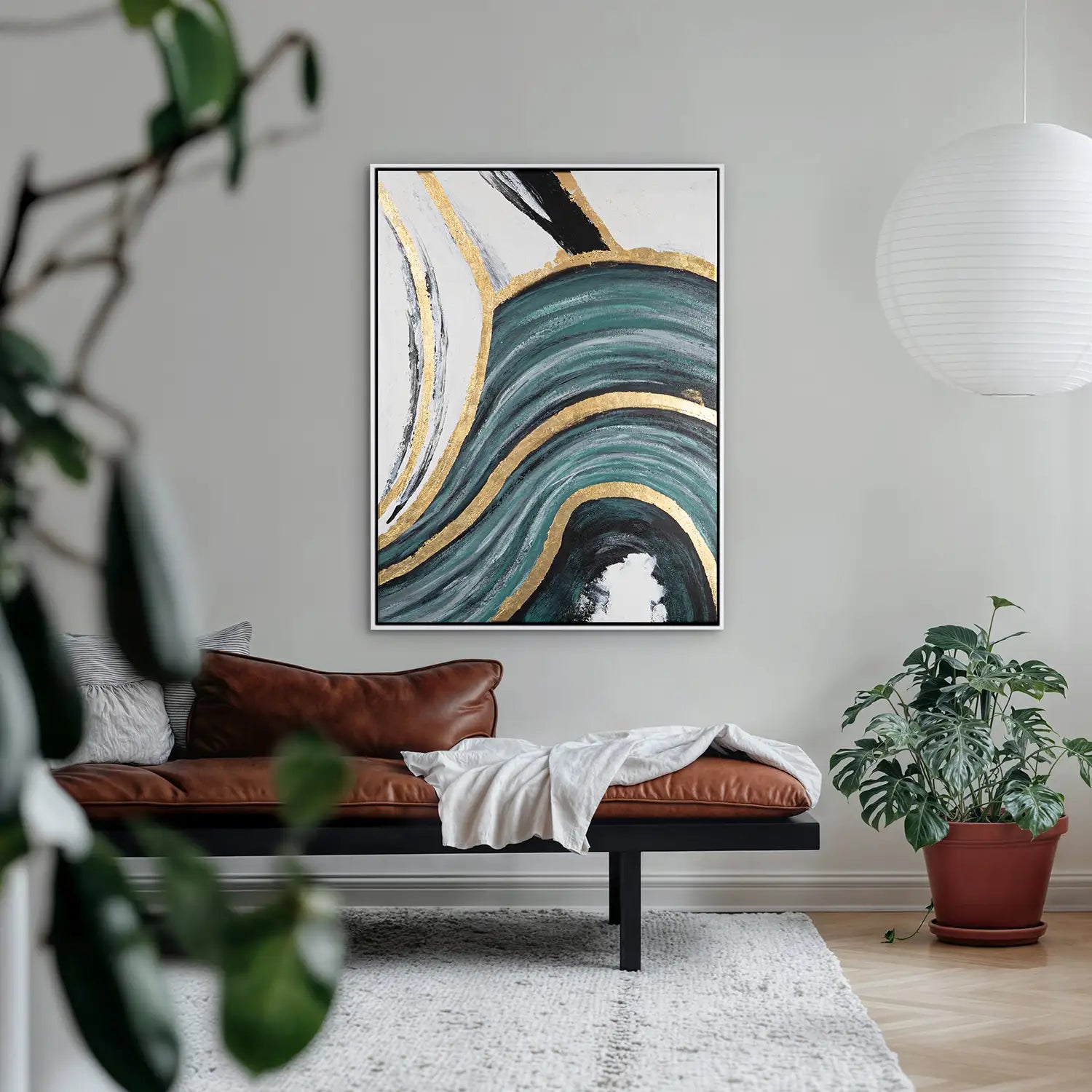 Leinwandbild 60x80 cm im Schattenfugenrahmen Weiß, handgemalt mit Acrylfarbe und Strukturpaste, abstrakte Licht- und Schattenwelten – „Schleier der Wahrheit“
