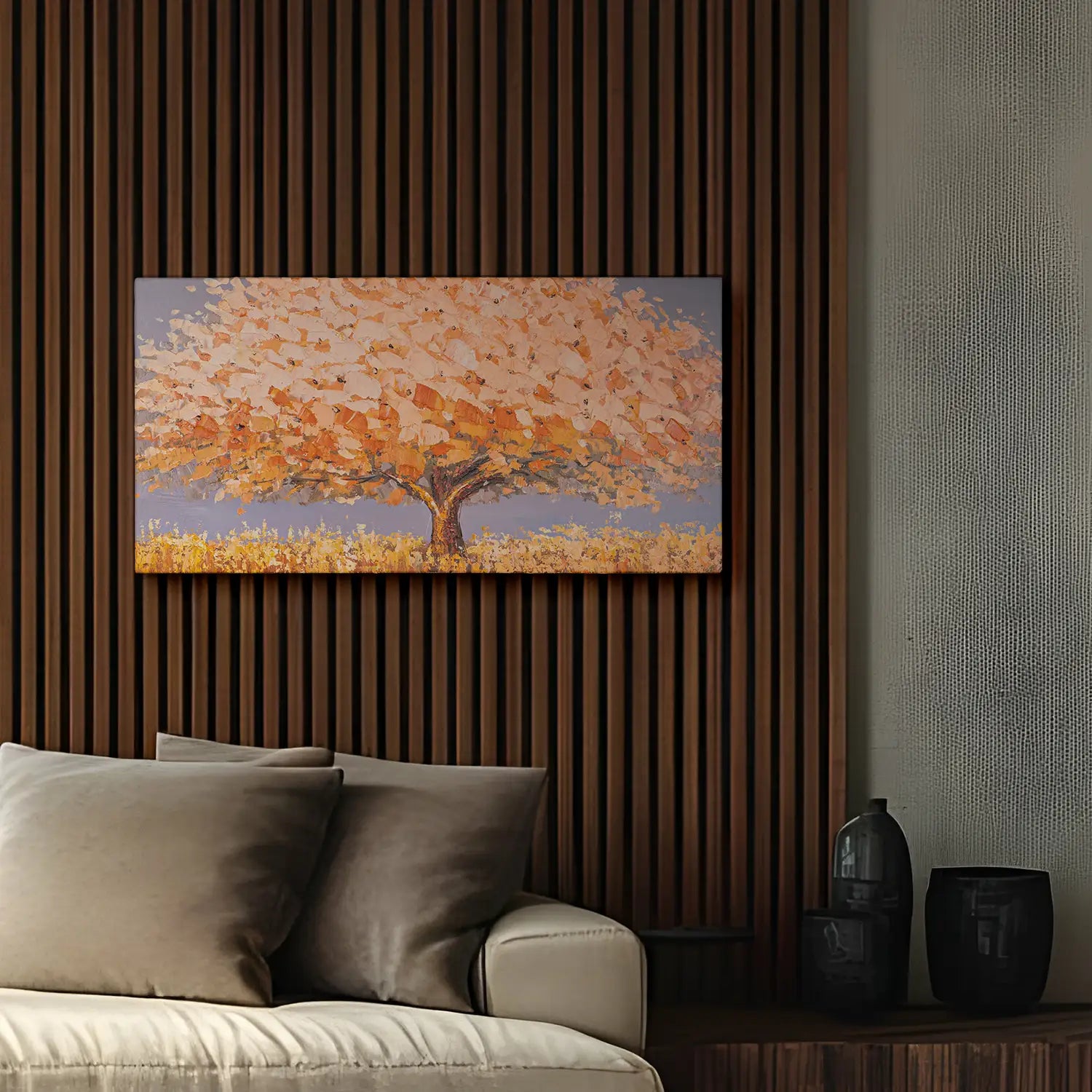 Wandbild 160x80 cm ohne Rahmen, handgemalt in leuchtendem Orange und sanftem Beige – ein abstrakter Baum, der die Dualität der Natur verkörpert – „Dualität der Natur“. – Dualitaet der Natur