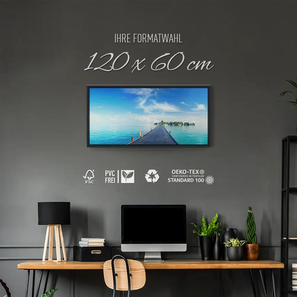 Strand & Meer Steg zur Insel im schwarzen Bilderrahmen, 120x60cm