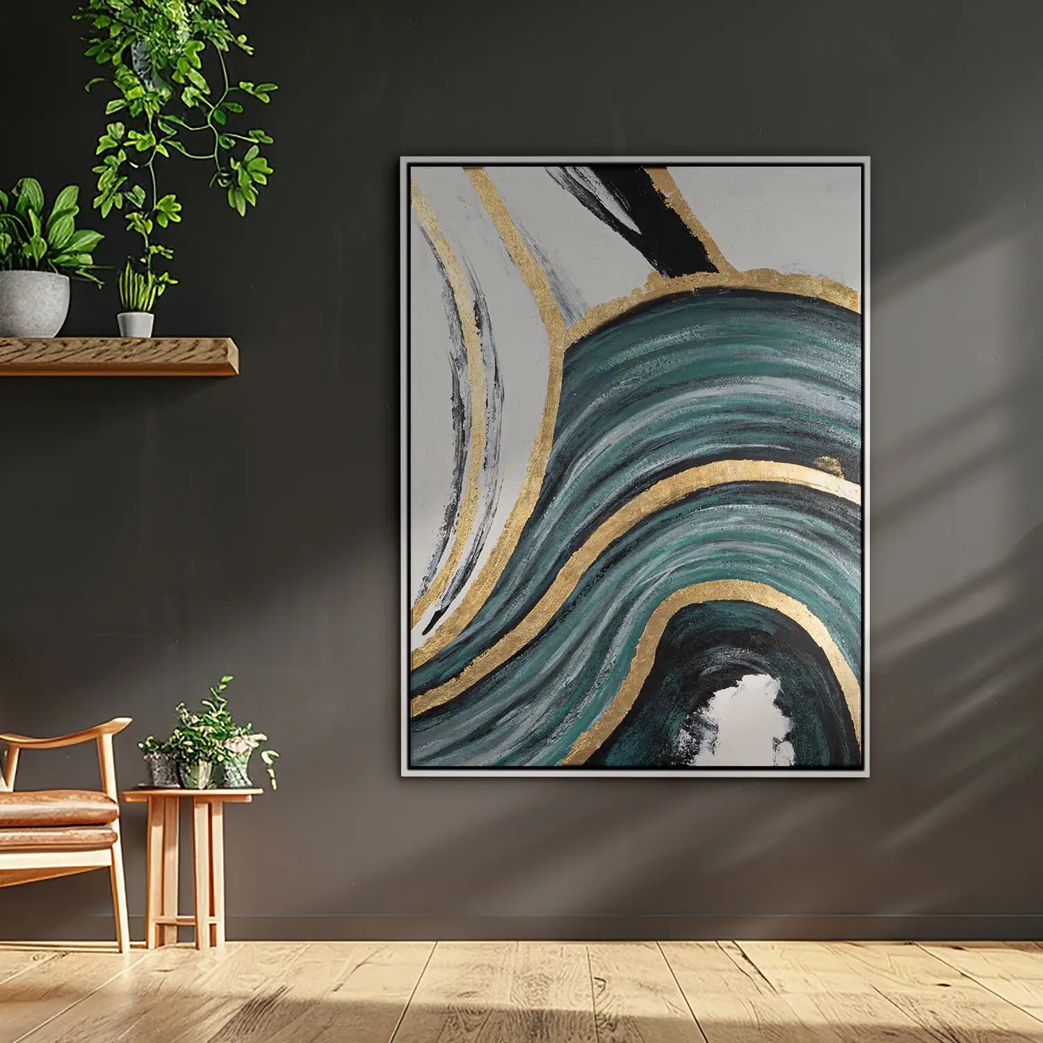 Leinwandbild 60x80 cm im Schattenfugenrahmen Weiß, handgemalt mit Acrylfarbe und Strukturpaste, abstrakte Licht- und Schattenwelten – „Schleier der Wahrheit“