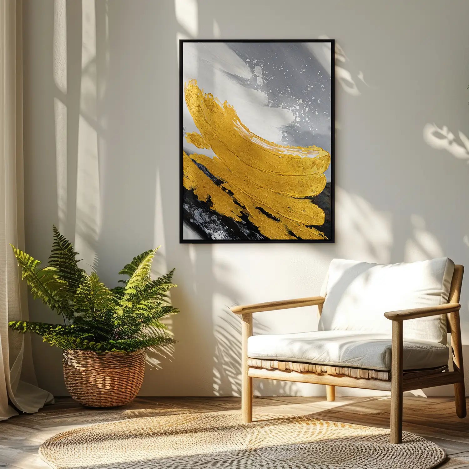 Wandbild 60x80 cm im Schattenfugenrahmen Schwarz, handgemalt mit Strukturpaste und Acrylfarbe, abstrakte Komposition in Gold, Weiß, Schwarz und Grau – „Goldene Reflexionen“
