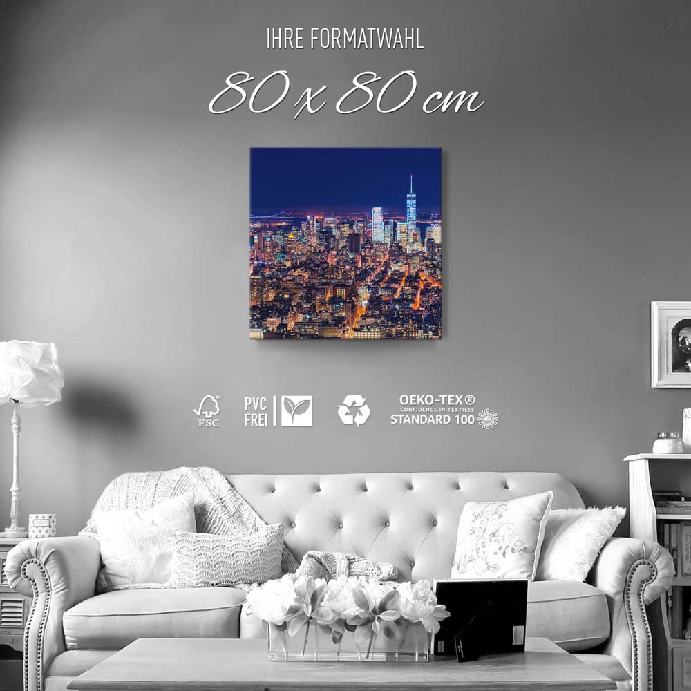 Skyline Manhatten bei Nacht als Leinwand Bild 80x80cm