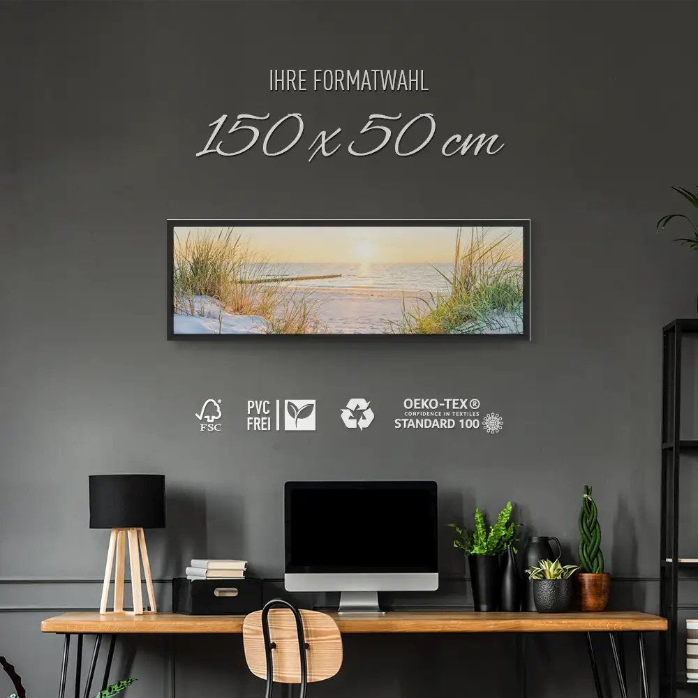 Strand & Meer Ostsee Sonnenuntergang im schwarzen Bilderrahmen, 150x50cm