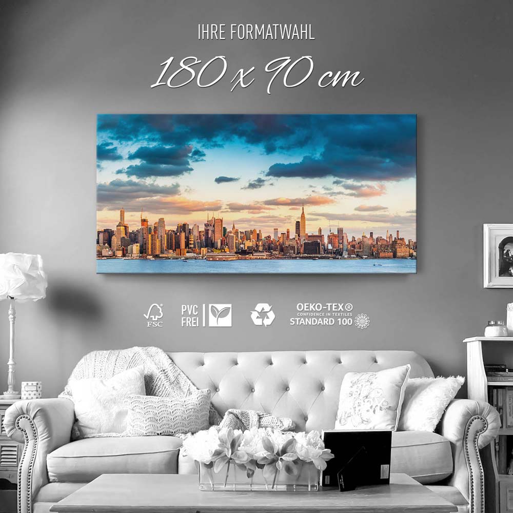 Skyline Panorama von New York als Keilrahmenbild 180x90cm