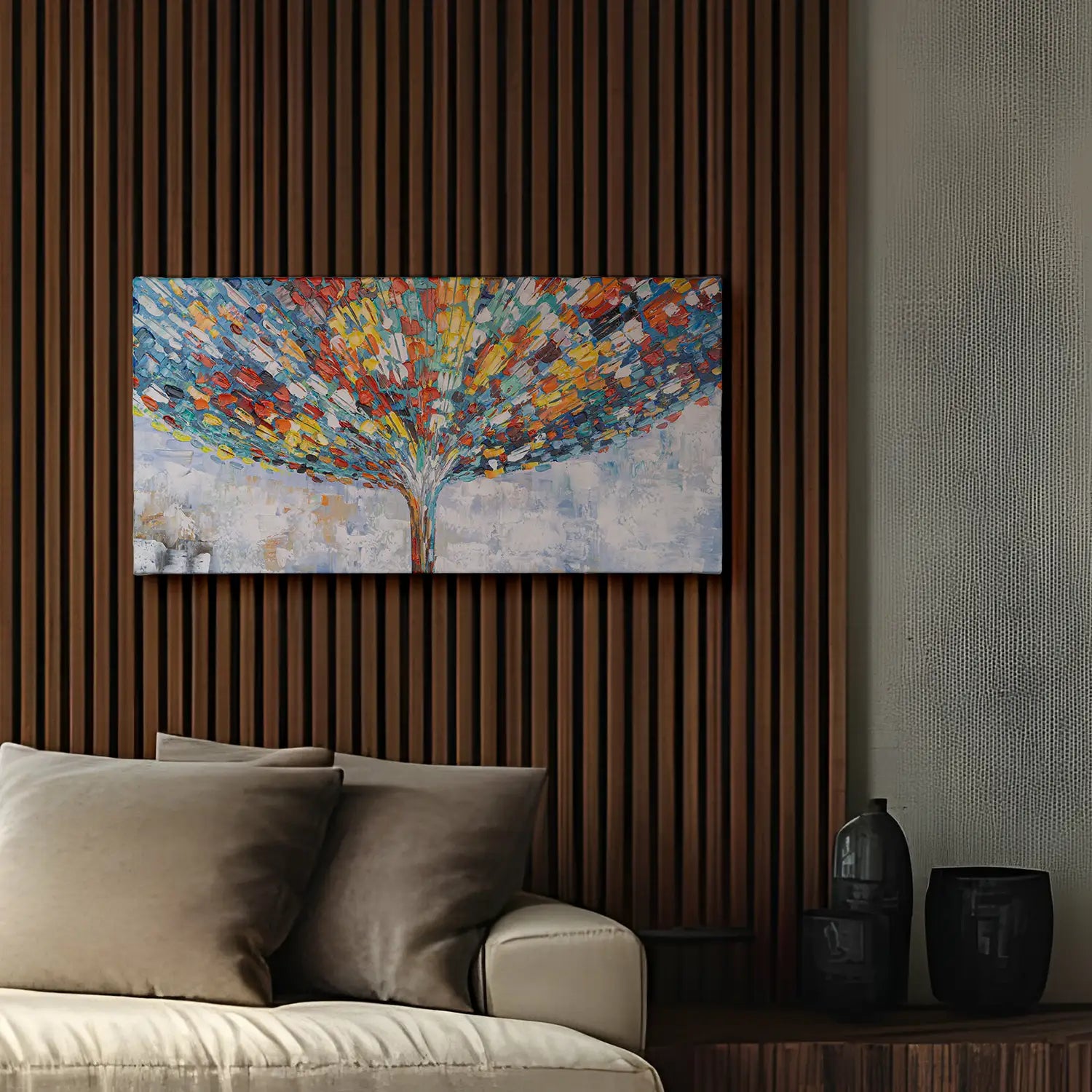 Gemälde 160x80 cm ohne Rahmen – harmonische Symphonie aus Farbe und Struktur, handgemalt mit Acrylfarbe und Strukturpaste, abstrakte Bauminterpretation für Büro, Wohnzimmer, Schlafzimmer – „Klang der Stille“