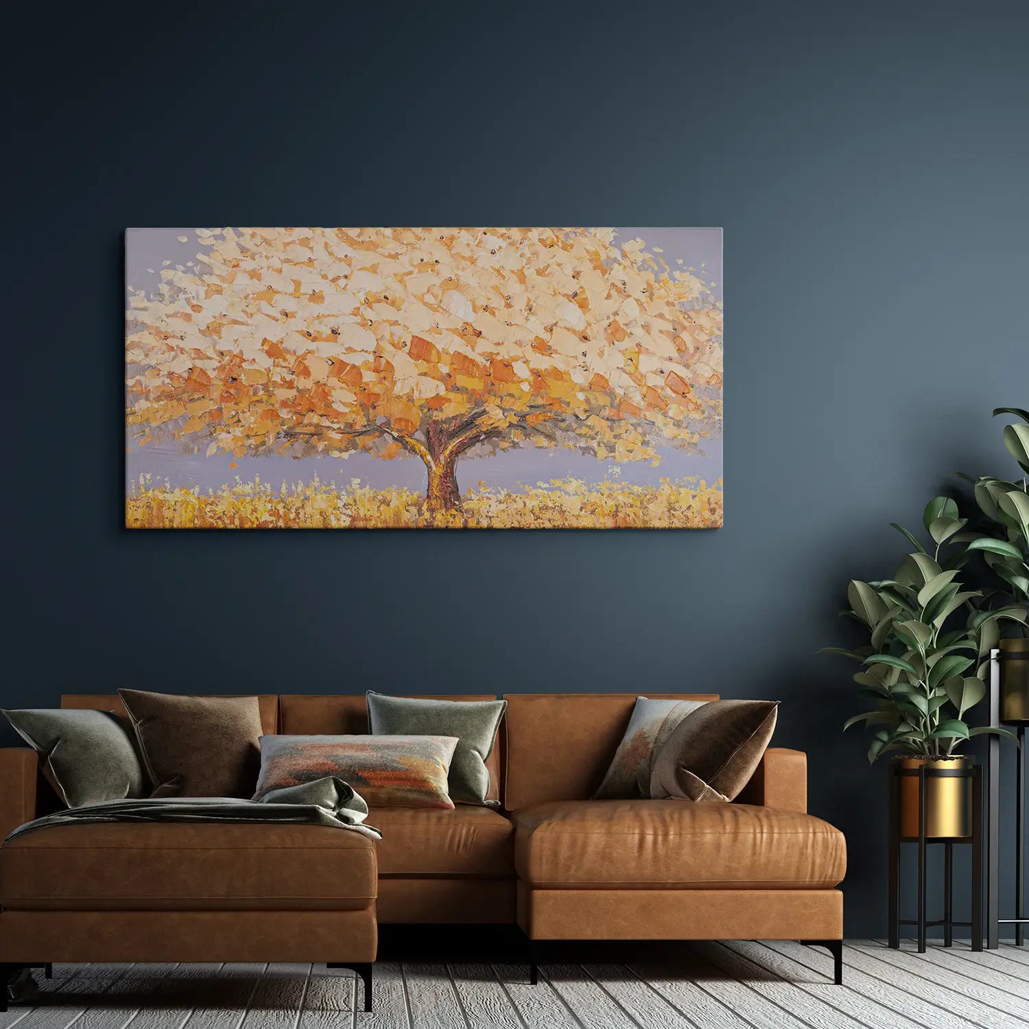 Wandbild 160x80 cm ohne Rahmen, handgemalt in leuchtendem Orange und sanftem Beige – ein abstrakter Baum, der die Dualität der Natur verkörpert – „Dualität der Natur“. – Dualitaet der Natur