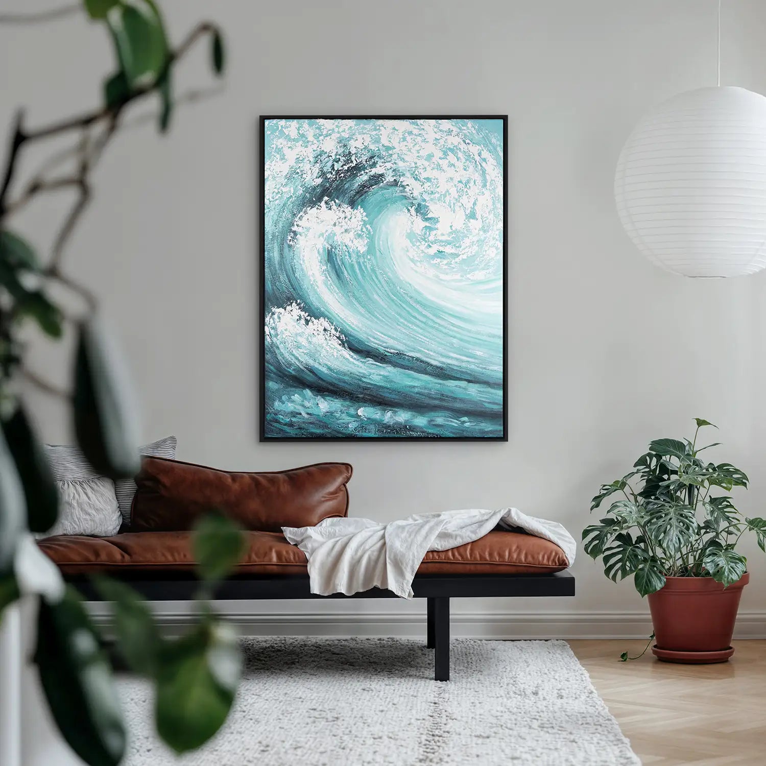 handgemaltes Gemälde 75x100 cm im Schattenfugenrahmen Schwarz, dynamische Explosion in Türkis und Weiß – „Das unendliche Spiel“