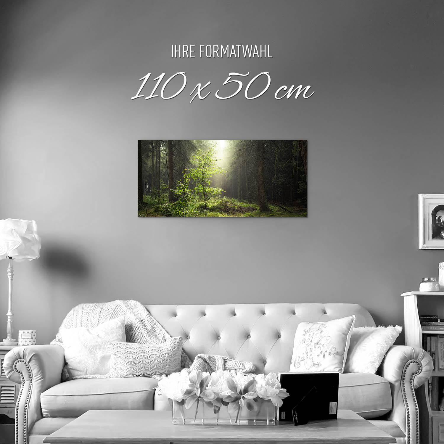 Wandbild auf Alu-Dibond, Wald & Bäume Lichtung, 110x50cm groß