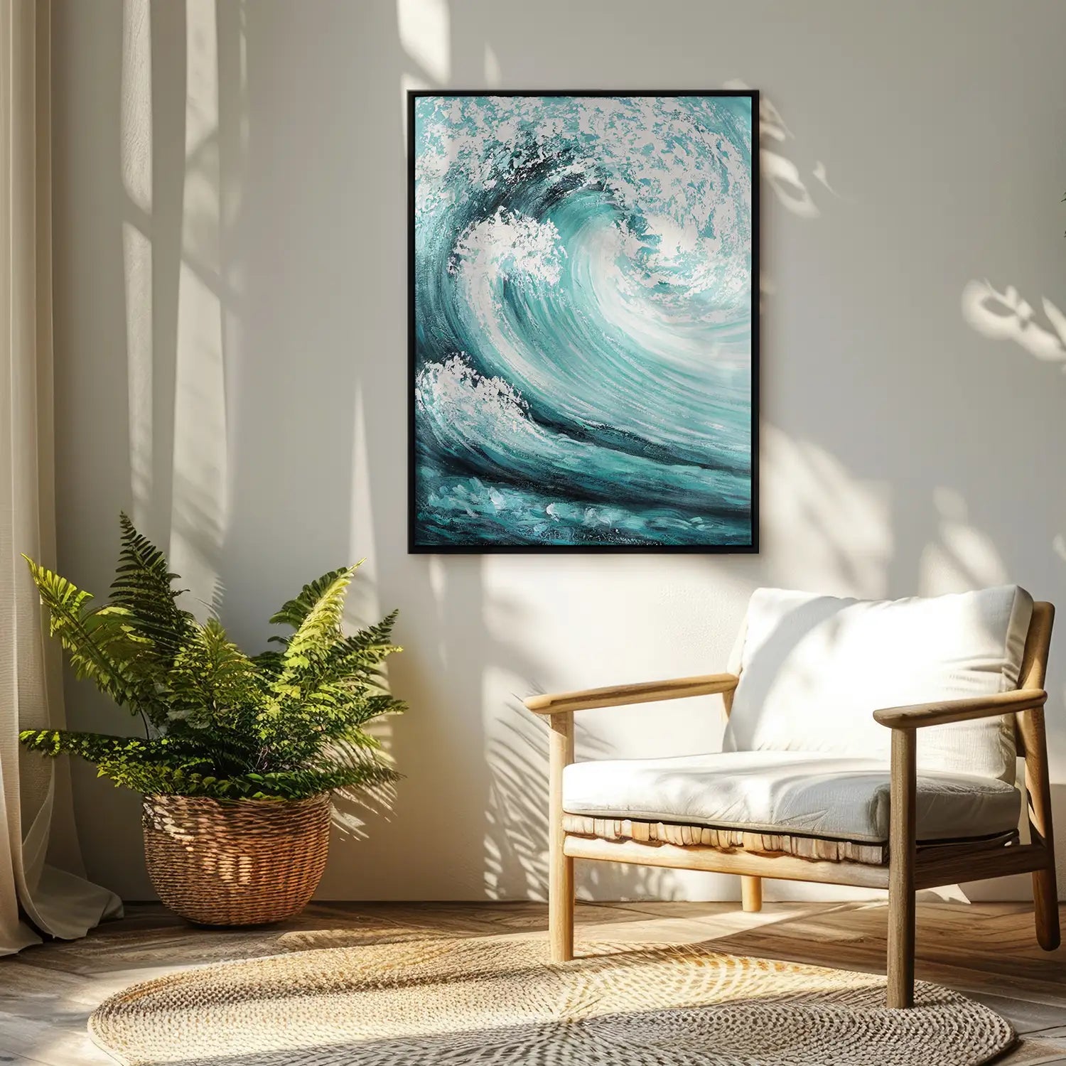 handgemaltes Gemälde 75x100 cm im Schattenfugenrahmen Schwarz, dynamische Explosion in Türkis und Weiß – „Das unendliche Spiel“