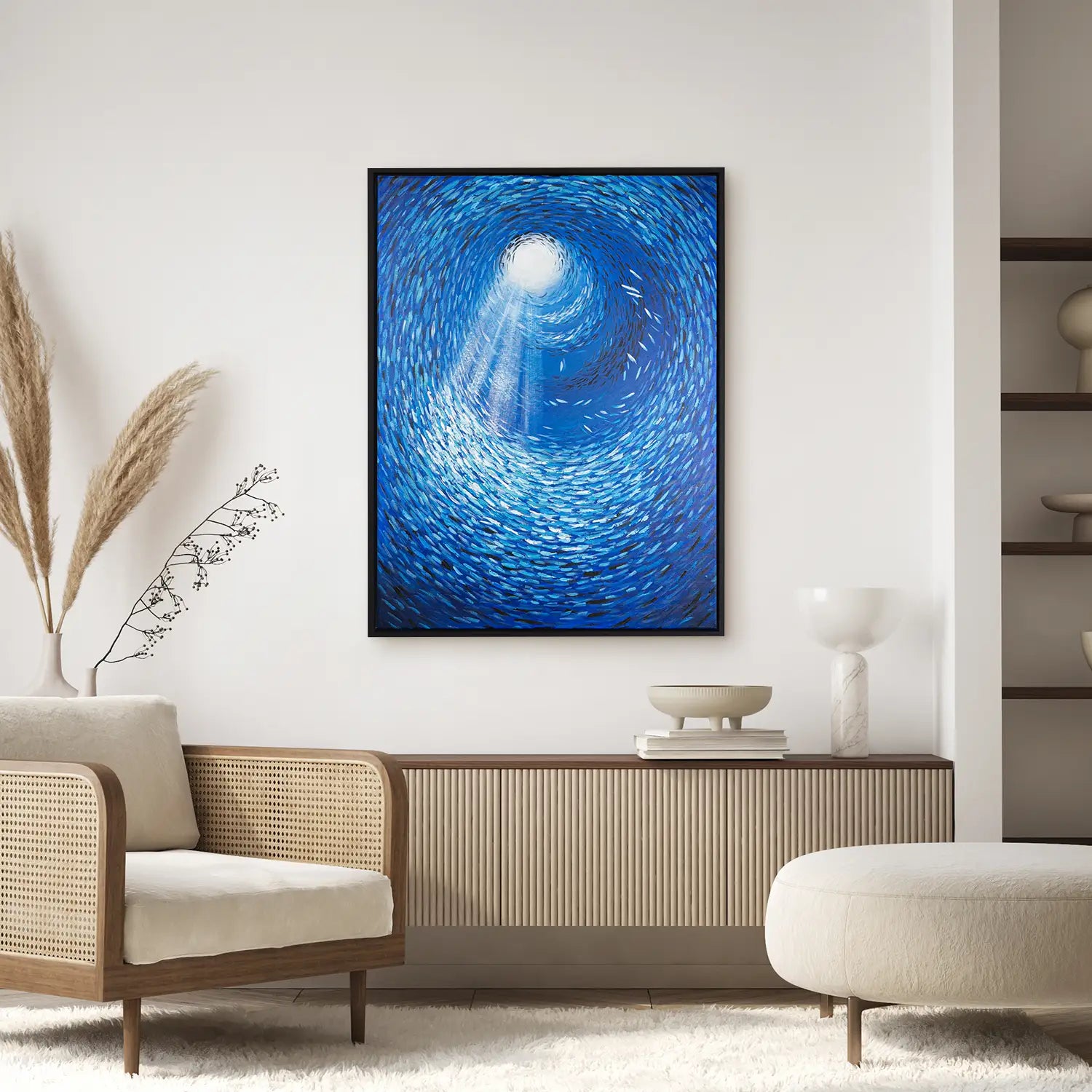 Leinwandbild 150x200 cm im Schattenfugenrahmen Schwarz, handgemalt mit Acrylfarbe, in Abstrakt und modern – mediterrane Wellen des Meeres „Tiefen der Stille“