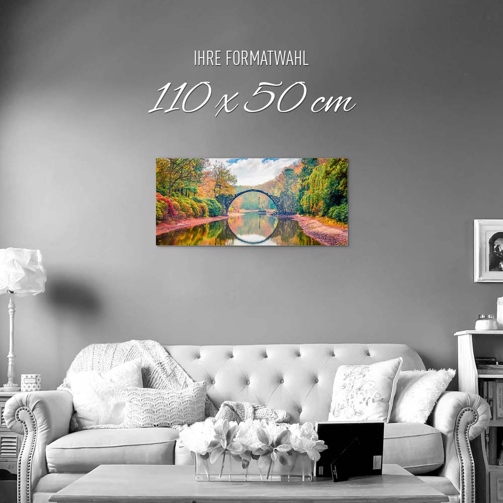 Wandbild auf Alu-Dibond, Wald & Bäume Herbst Rakotzbrücke, Kromlau, 110x50cm groß