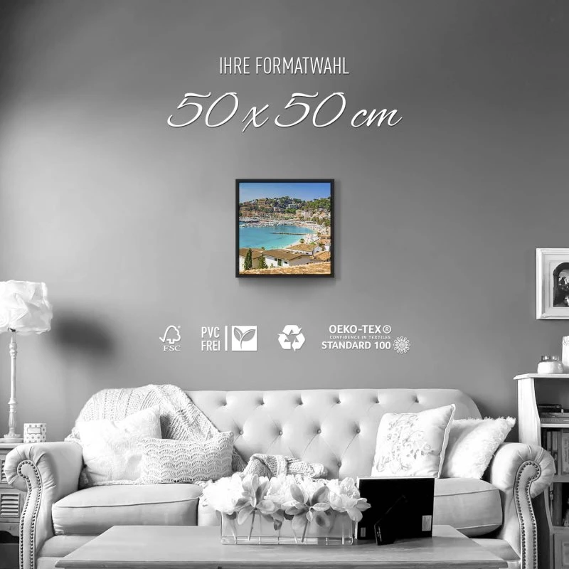 Strand & Meer Port de Soller, Mallorca im schwarzen Bilderrahmen, 50x50cm
