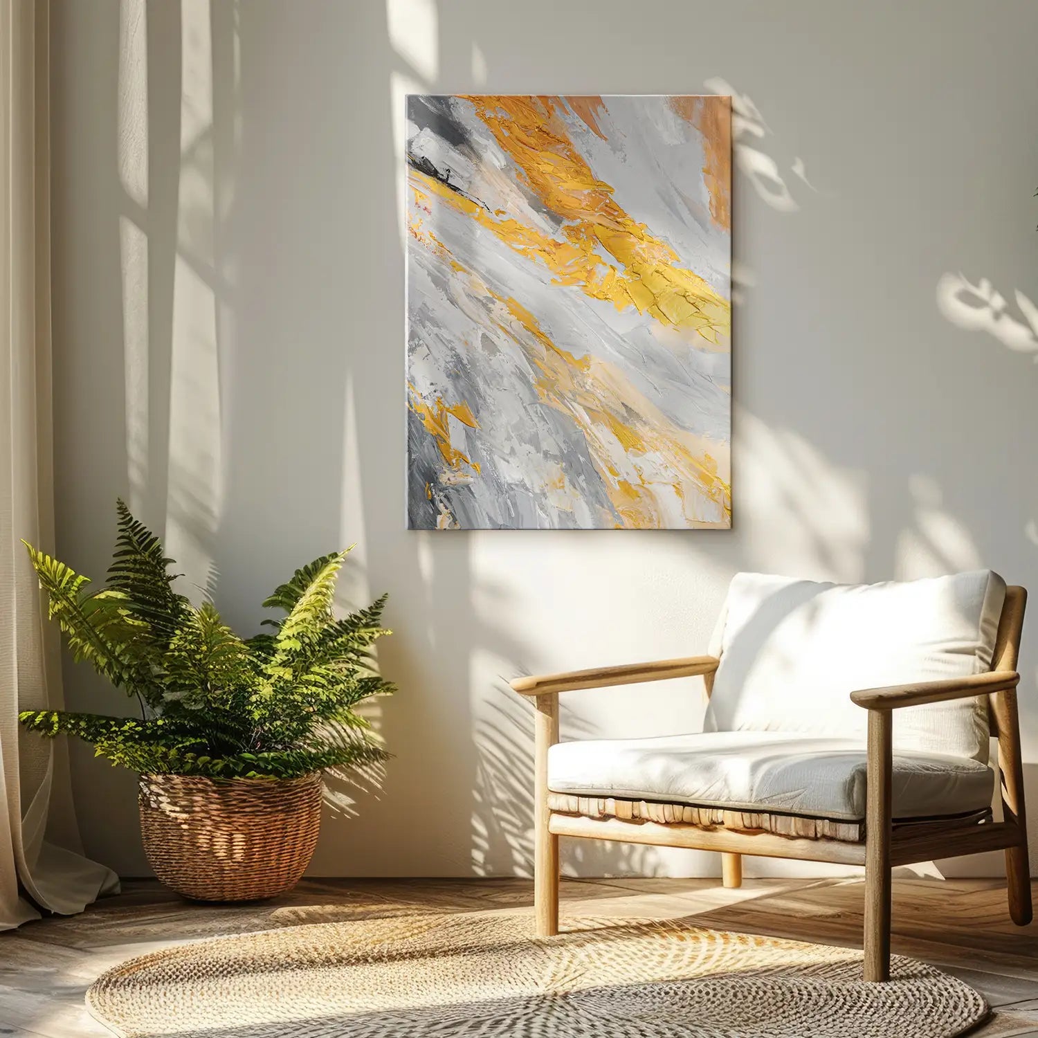 Leinwandbild handgemalt 60x80 cm ohne Rahmen, dynamische Explosion in sanften Weiß- und Grautönen mit goldenen Akzenten – „Atem der Erde“