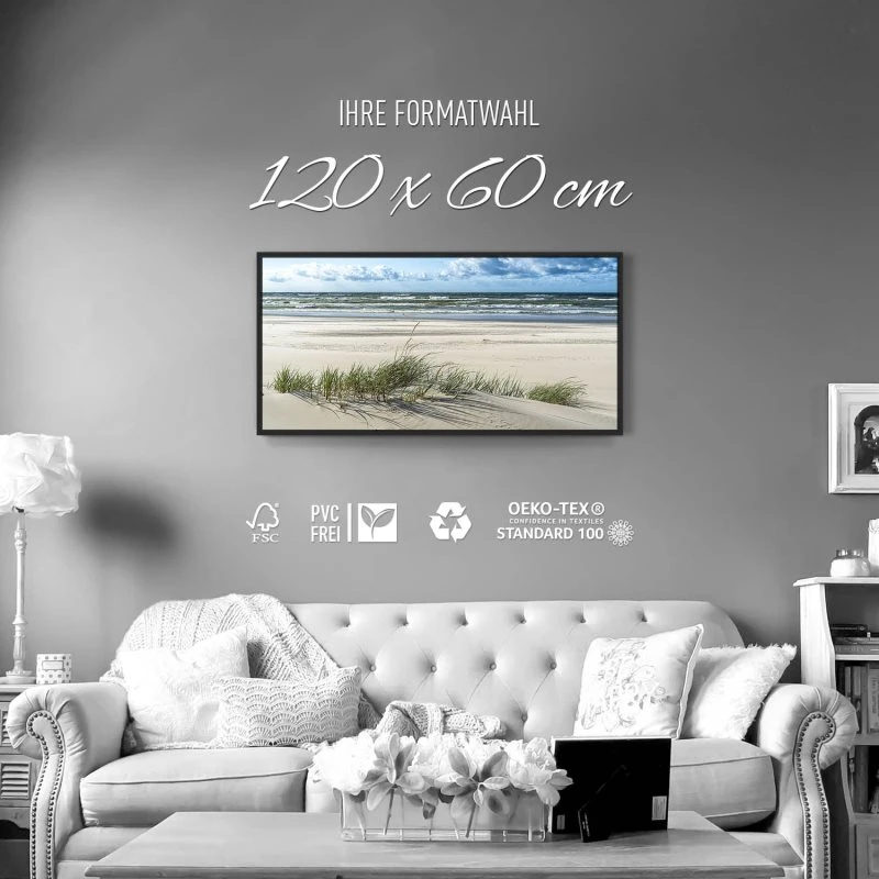 Strand & Meer Dünengras Ostsee im schwarzen Bilderrahmen, 120x60cm
