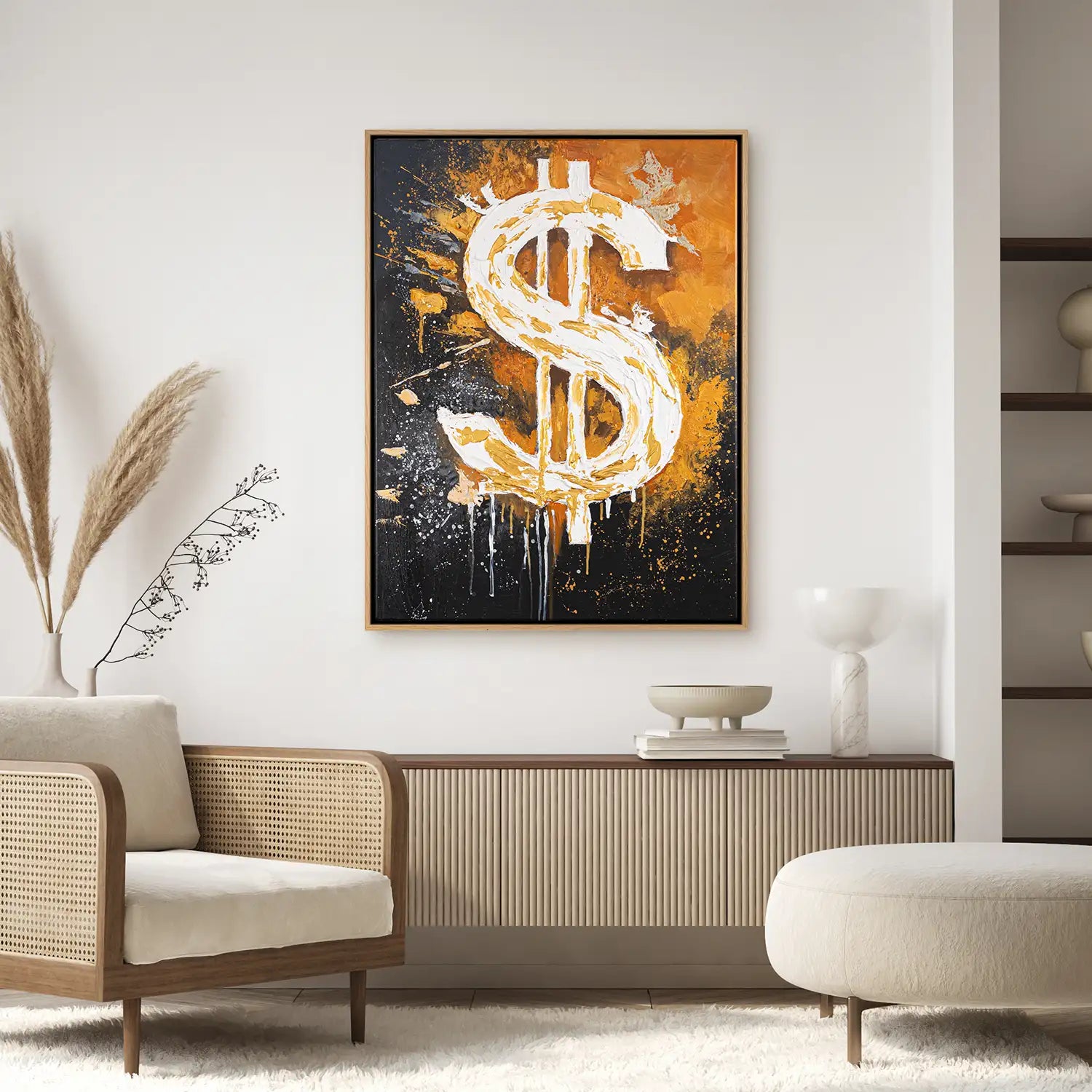 Leinwandbild 120x160 cm im Rahmen Eiche hell in Schwarz und Orange – Abstrakte Darstellung von Motivation und Erfolg – „Dollar“