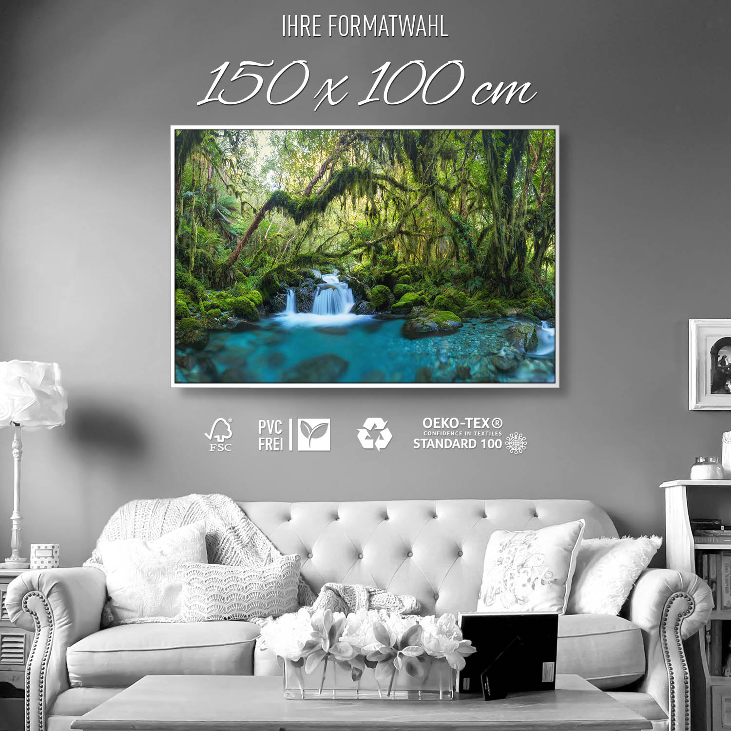 Dschungel idylischer Bachlauf im weißen Bilderrahmen, 150x100cm