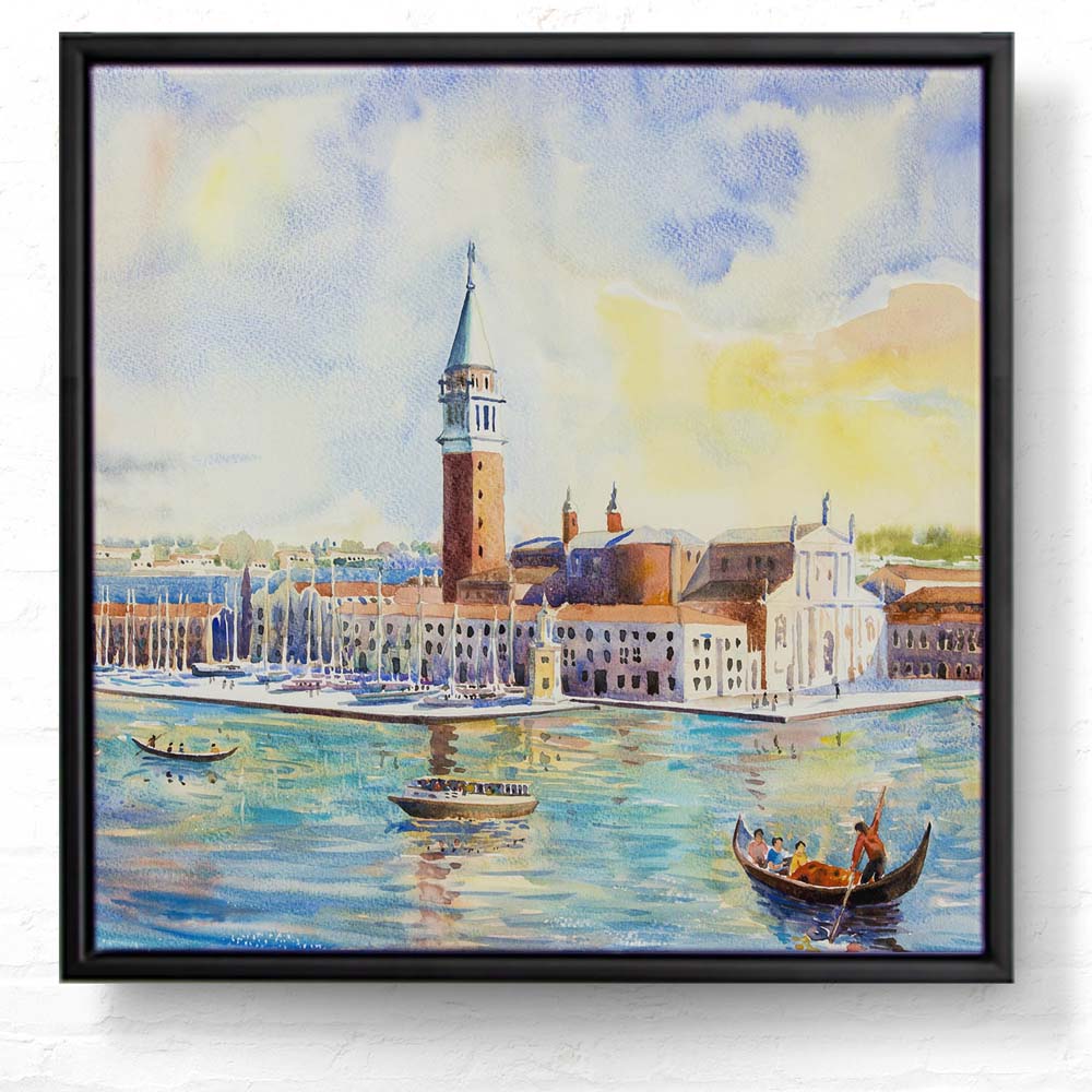 Skyline Venedig als Gemälde im schwarzen Bilderrahmen, 80x80cm