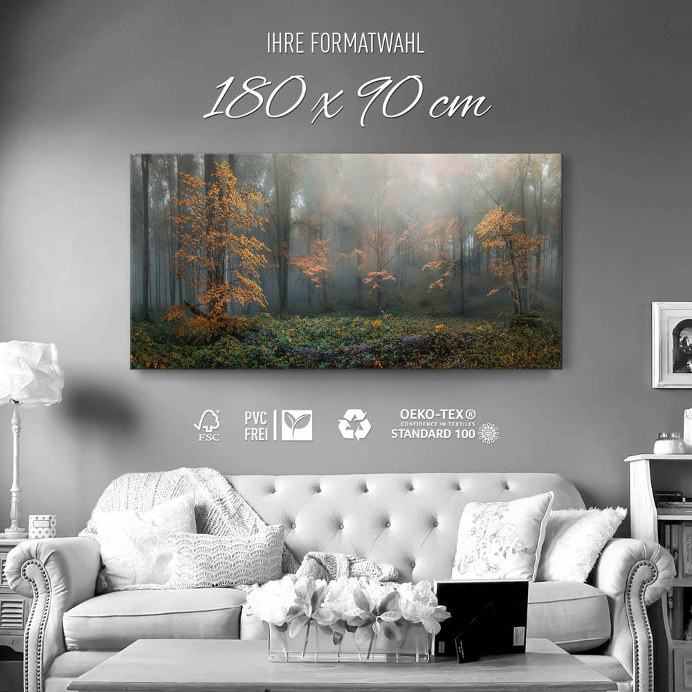 Wald Herbstidylle als Keilrahmenbild 180x90cm