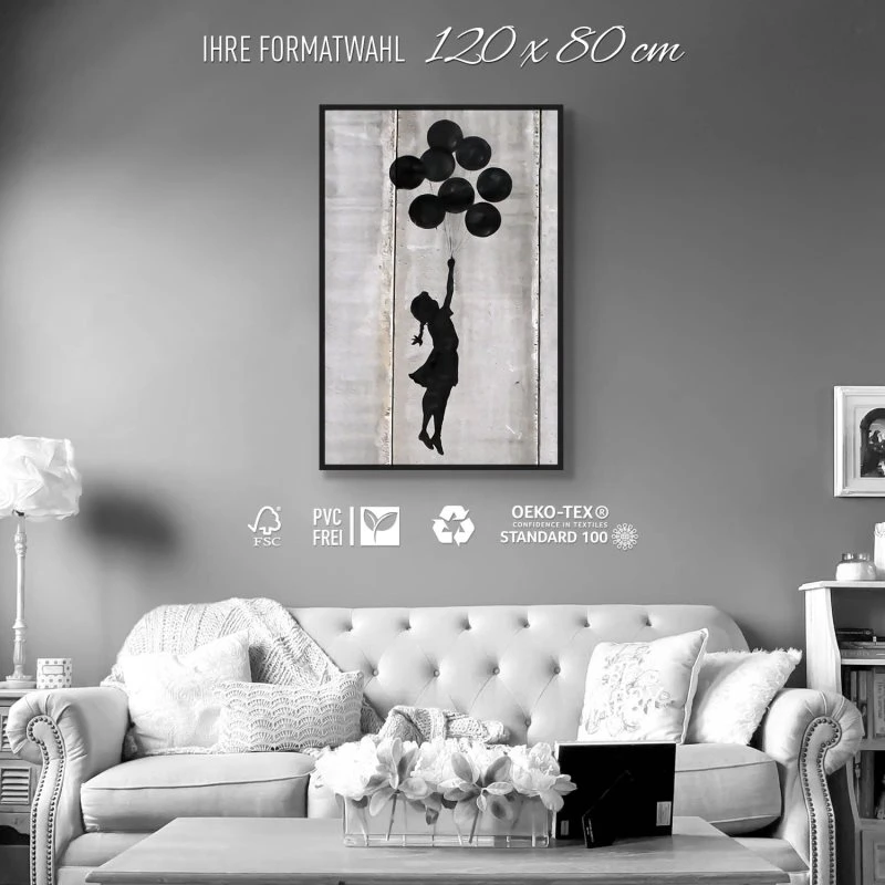 Banksy Girl with ballons im Hochformat 80x120cm mit schwarzen Bilderrahmen