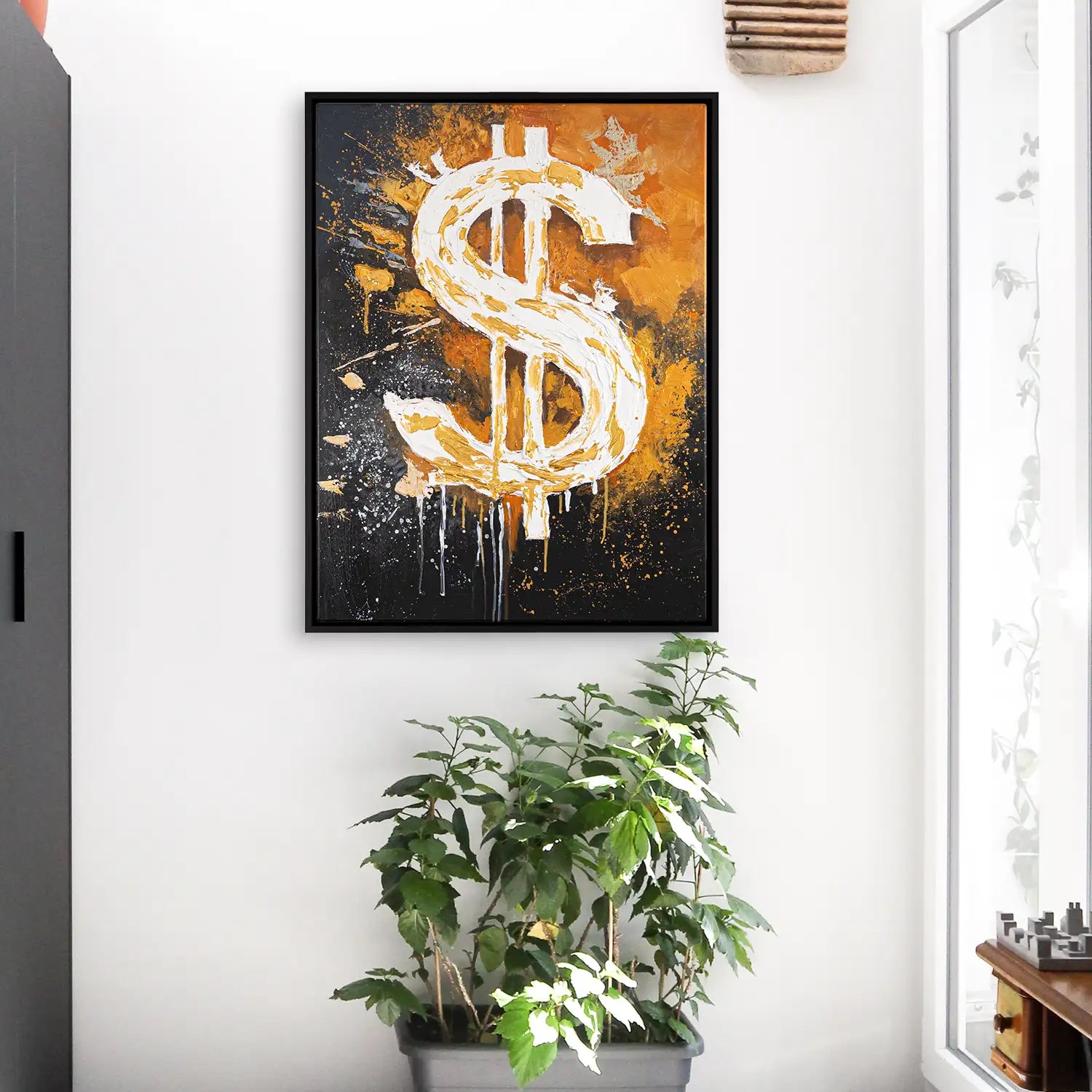 Gemälde 75x100 cm im Schattenfugenrahmen Schwarz in Orange und Schwarz – ein abstraktes Spiel von Motivation und Erfolg – „Dollar“